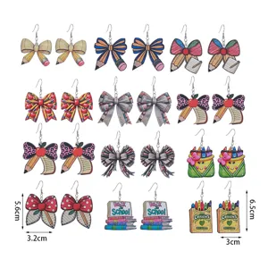 Back to school wooden pencil bow earrings set, creative student drop earrings for teacher gift.