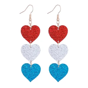 Rot weiß blaue Glitzer Herz Ohrringe, stilvolle Acryl lange hängende Festival Schmuck Damen.
