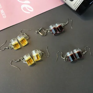 Korean Harajuku Quirky Simulated Beer Mug Drop Earrings Cute Resin Clip-on Jewelry Gift
