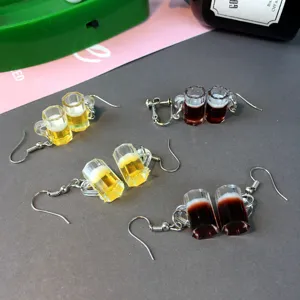 Funny Simulation Beer Mug Drop Earrings For Women Cute Resin Miniature Wine Glass Ear Hooks Non Pierced Spiral Ear Clips Quirky Jewelry