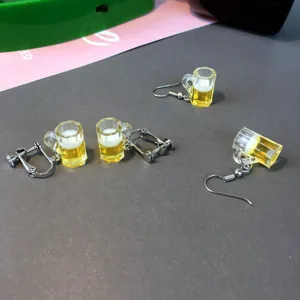 Quirky beer mug drop earrings and clip-ons, funny simulation resin drink jewelry for women.