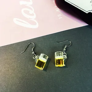 Cute miniature beer mug dangle earrings, quirky resin fun drink drop earrings for women.