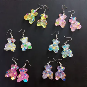 Colorful glitter resin gummy bear drop earrings cute sweet style fashion jewelry for women