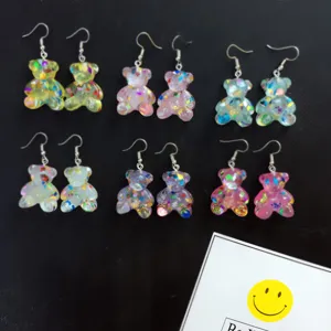 Colorful resin glitter bear hook earrings for women and girls cute sweet fashion jewelry set