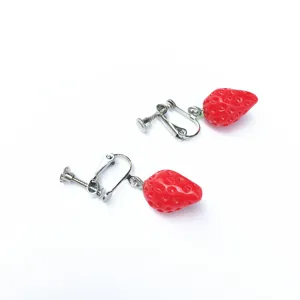 Cute red strawberry clip-on earrings, sweet fruit style dangle earrings for women and girls.
