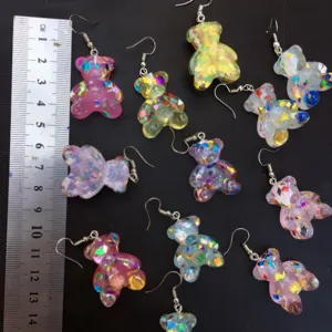 Handmade resin sequin bear earrings, cute colorful glitter dangling ear jewelry for women.