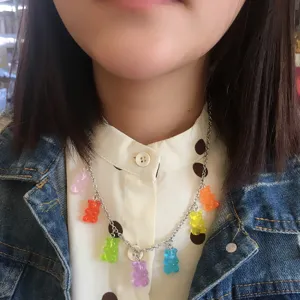 Colorful gummy bear necklace, cute transparent resin pendants on a delicate metal chain for women.