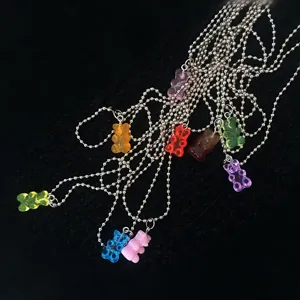 Colorful gummy bear necklace, translucent resin bear pendant on silver ball chain choker.
