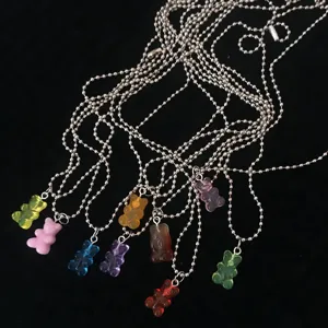 Colorful translucent gummy bear necklace with silver bead chain cute Y2K choker jewelry