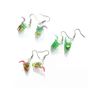 Creative Novelty Miniature Fruit Lemon Tea Cup Drop Earrings For Women Resin Plastic Beverage Bottle Quirky Handmade Funny Food Ear Dangle Party Jewelry Gift