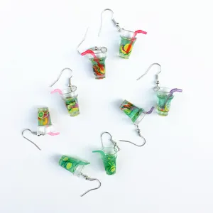 Mini resin fruit drink cup dangle earrings, cute summer beverage food play earrings for daily wear.