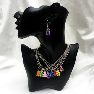Colorful gummy bear layered necklace set with matching cute earrings detail view.