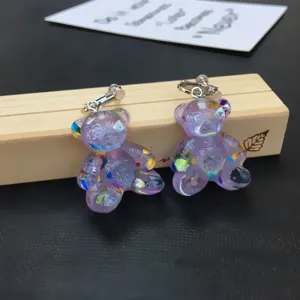 Handmade cute transparent resin glitter bear clip earrings sweet style ear jewelry accessory