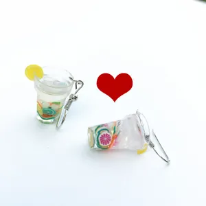 Creative funny fruit lemon tea drink drop earrings for women, miniature resin cup jewelry.