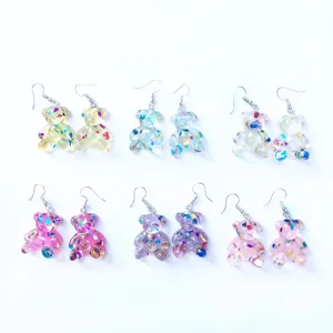 Colorful resin glitter gummy bear drop earrings, cute sweet style fashion jewelry.