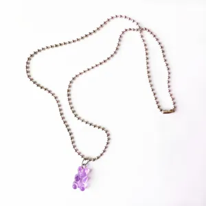 Transparent purple gummy bear necklace with metal bead chain, cute trendy collarbone jewelry.