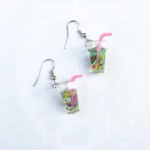 Colorful summer fruit lemon tea miniature drink cup drop earrings, fun creative resin jewelry.