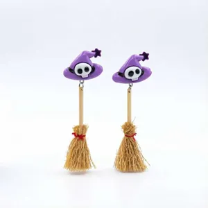 Pendientes de escoba de bruja de Halloween sombrero morado calavera joyeria de fiesta