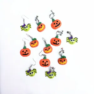 Halloween cute pumpkin spider drop earrings and clip on earrings for women party jewelry.
