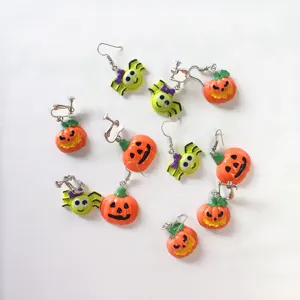 Halloween Funny Pumpkin Green Spider Stud Earrings Non-Pierced Spiral Ear Clips Resin Alloy Jewelry For Women Party Gifts
