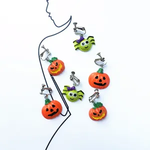 Halloween funny pumpkin and spider clip-on earrings set, unique cute holiday fashion jewelry.