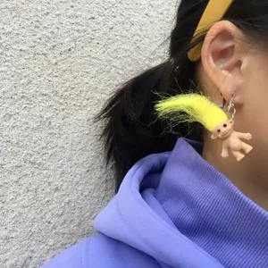 Quirky retro troll doll earrings, funny neon yellow hair dangle earrings for street style.