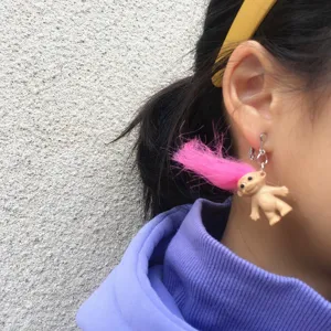 Vintage cute troll doll earrings quirky pink hair clip-on earrings fashion statement jewelry