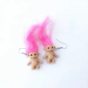 Funny pink hair troll dolls dangle earrings quirky vintage statement jewelry gifts