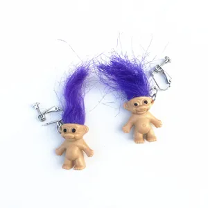 Cute quirky troll doll earrings with purple hair, retro vintage exaggerated clip-on earrings.