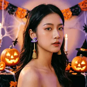 Vista de cerca de pendientes de escoba de bruja de Halloween con diseño de sombrero y borla, festivo.