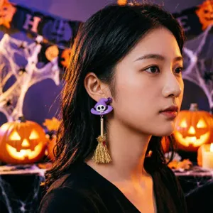 Pendientes colgantes de escoba sombrero bruja Halloween divertidos lindos fiesta mujer.