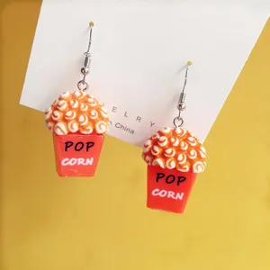 Boucles d'Oreilles Pendantes Créatives Faites à la Main Seau à Popcorn 3D Mignonnes Boucles d'Oreilles de Nourriture pour Femme