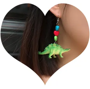 Lindos pendientes largos de dinosaurio con cuentas de colores joyería divertida y novedosa