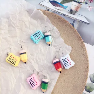 Fun Resin Pencil Exam Paper Asymmetrical Earrings Quirky Cartoon Stationery Drop Dangle Clip Earrings Student Jewelry
