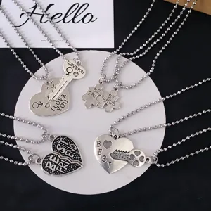 Couple bestie puzzle heart key metal bead chain necklace set for trendy daily fashion wear
