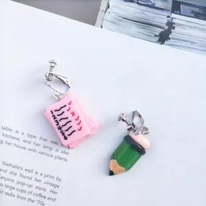 Cute creative handmade asymmetric test paper pencil clip-on earrings for funny students style