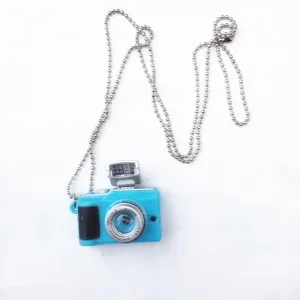 Vintage mini camera pendant necklace with ball chain, retro hip-hop fashion toy accessory.