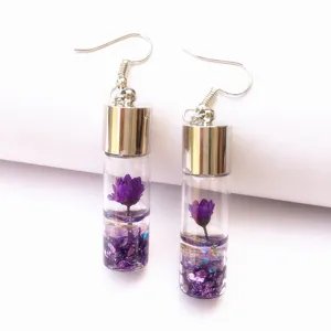 Handmade purple dried flower glass vial earrings, cute wishing bottle drop earrings for women.