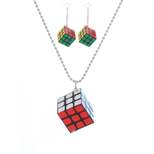 Handmade Colorful Magic Cube Earrings Punk Long Drop Ear Hooks Clip-on Earrings Stainless Steel Chain Necklace Set Jewelry