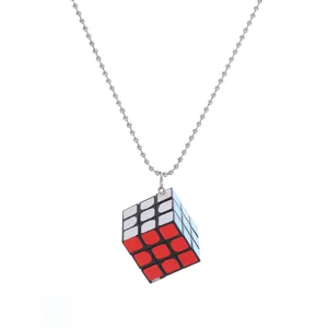 Creative mini rubik's cube pendant necklace with metal ball chain, trendy punk style jewelry.