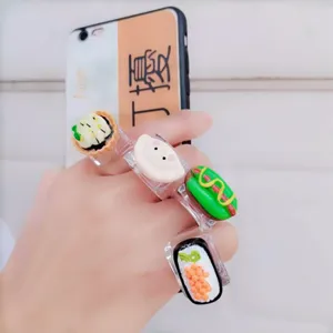 Chunky transparent acrylic ring featuring cute miniature food charms like sushi and hot dog.