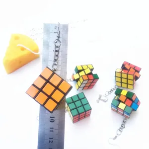 Creative handmade playful mini Rubik's cube ear hook long earrings punk trendy accessories.
