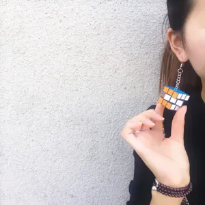 Creative handmade fun small rubiks cube ear hooks personalized exaggerated long earrings punk