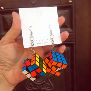 Creative handmade Rubik's cube dangling earrings, punk style playful long ear hooks for women.