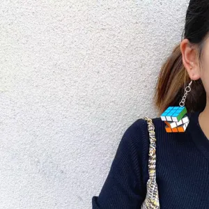 Creative handmade playful Rubik's cube dangle earrings, personalized punk long fashion jewelry.