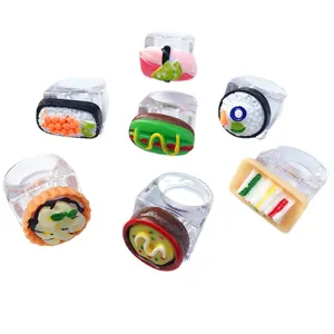 Cute fun food resin acrylic rings set featuring sushi, hot dog, and sandwich designs.