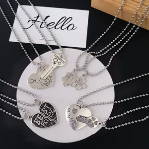 Unisex Alloy Splicing Heart Key Pendant Necklace Set Silver Ball Chain Engraved Matching Necklaces Jewelry Gift For Couples Friends