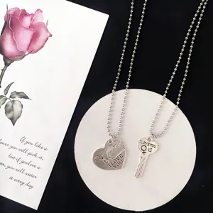 Couple heart key pendant necklace set, silver bead chain matching jewelry for lovers and besties.