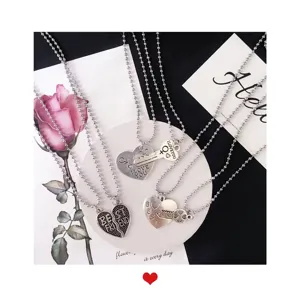 Cute couple best friend matching heart key pendant ball chain necklace set, stylish accessory.