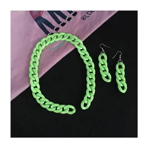 Neon gruene acryl klobige kette halskette und ohrringe set fuer trendige party disco mode schmuck